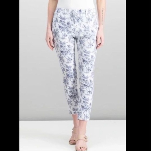 Mario Serrani Stretch White Navy Blue Floral Print Ankle Cropped Trousers Pants - Picture 4 of 6
